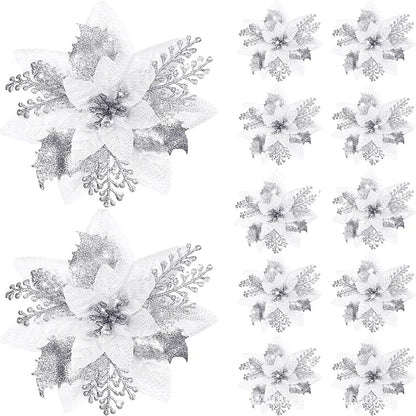 Glitter Christmas Flowers - 5pcs Artificial Tree Ornaments - ZOOMNSTORE