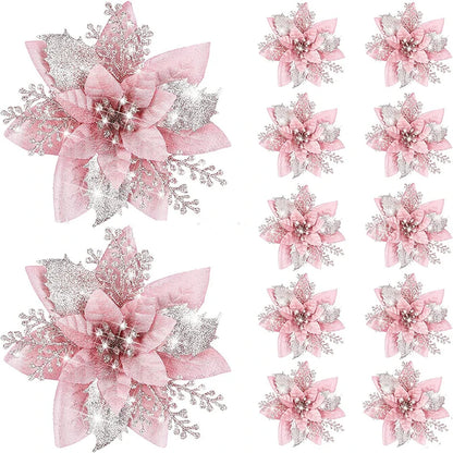 Glitter Christmas Flowers - 5pcs Artificial Tree Ornaments - ZOOMNSTORE