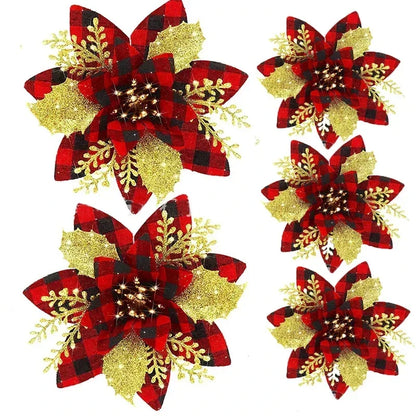 Glitter Christmas Flowers - 5pcs Artificial Tree Ornaments - ZOOMNSTORE