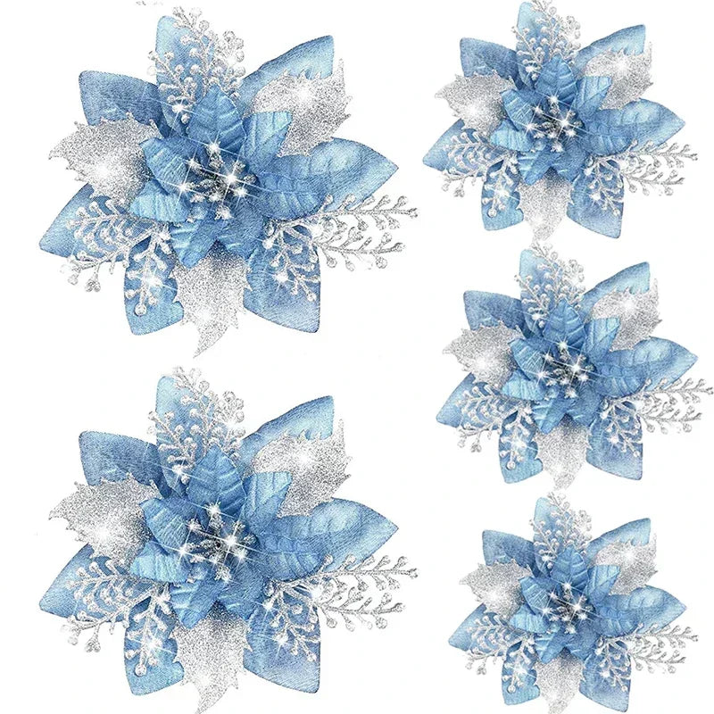 Glitter Christmas Flowers - 5pcs Artificial Tree Ornaments - ZOOMNSTORE