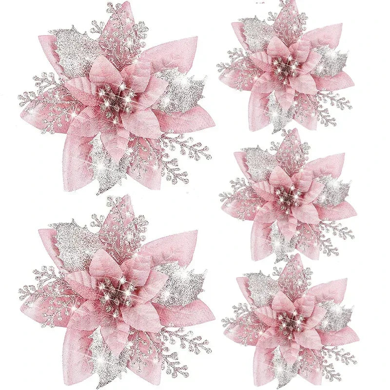 Glitter Christmas Flowers - 5pcs Artificial Tree Ornaments - ZOOMNSTORE