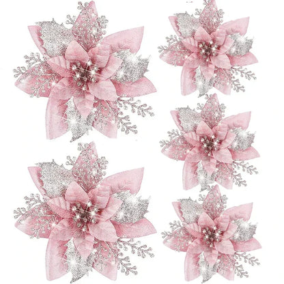 Glitter Christmas Flowers - 5pcs Artificial Tree Ornaments - ZOOMNSTORE