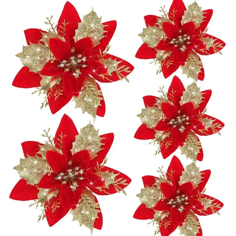 Glitter Christmas Flowers - 5pcs Artificial Tree Ornaments - ZOOMNSTORE