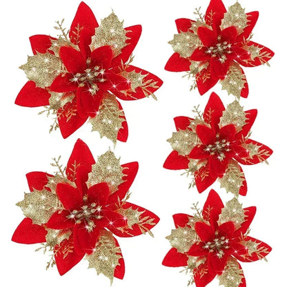 Glitter Christmas Flowers - 5pcs Artificial Tree Ornaments - ZOOMNSTORE