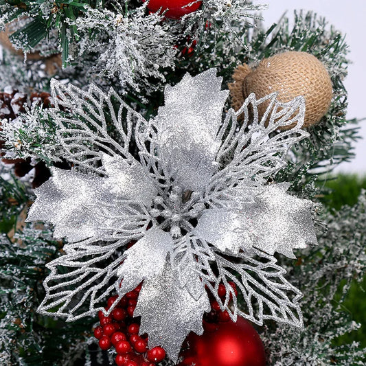 Artificial Christmas Tree Glitter Flowers - 10pcs Xmas Ornaments - ZOOMNSTORE