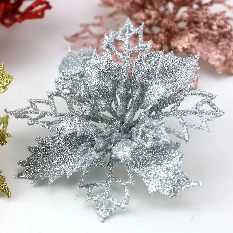Artificial Christmas Tree Glitter Flowers - 10pcs Xmas Ornaments - ZOOMNSTORE