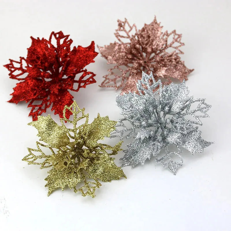 Artificial Christmas Tree Glitter Flowers - 10pcs Xmas Ornaments - ZOOMNSTORE