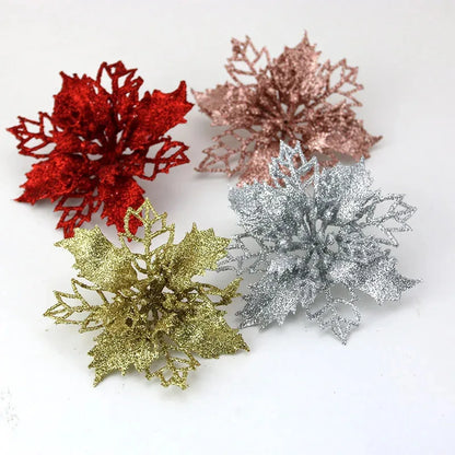 Artificial Christmas Tree Glitter Flowers - 10pcs Xmas Ornaments - ZOOMNSTORE