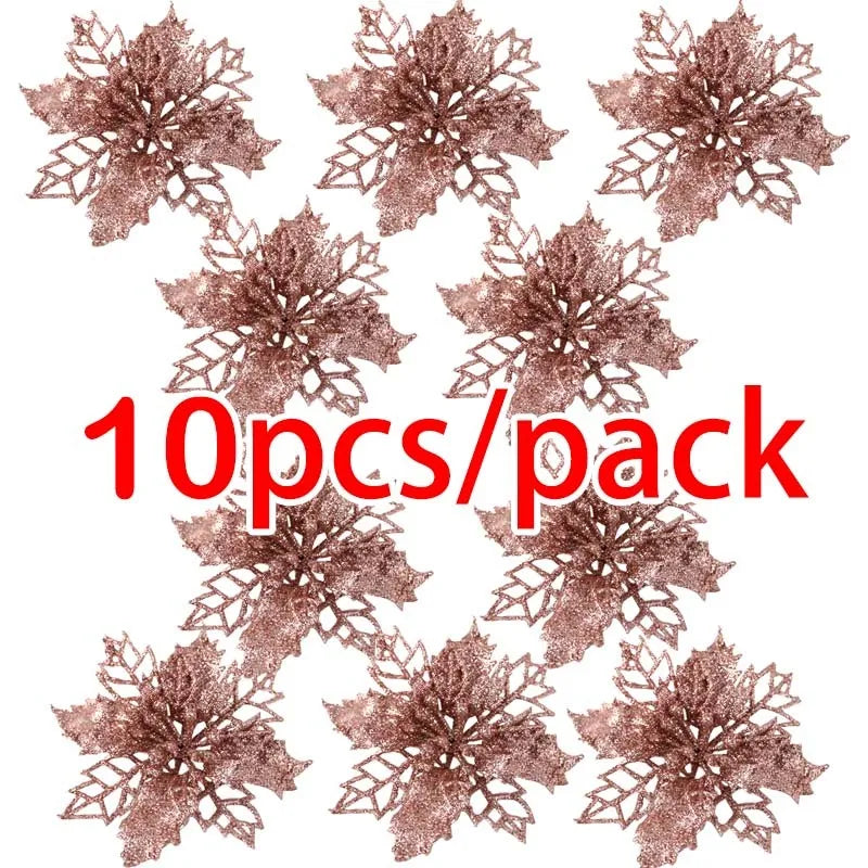 Artificial Christmas Tree Glitter Flowers - 10pcs Xmas Ornaments - ZOOMNSTORE