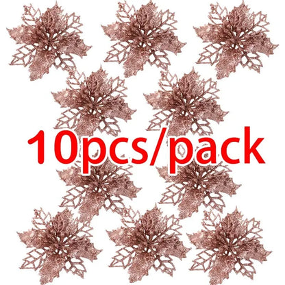 Artificial Christmas Tree Glitter Flowers - 10pcs Xmas Ornaments - ZOOMNSTORE