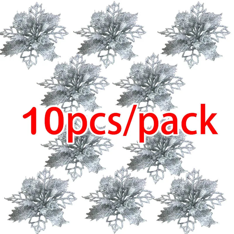 Artificial Christmas Tree Glitter Flowers - 10pcs Xmas Ornaments - ZOOMNSTORE