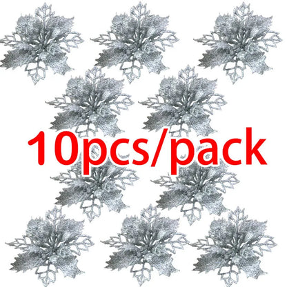 Artificial Christmas Tree Glitter Flowers - 10pcs Xmas Ornaments - ZOOMNSTORE