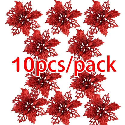 Artificial Christmas Tree Glitter Flowers - 10pcs Xmas Ornaments - ZOOMNSTORE
