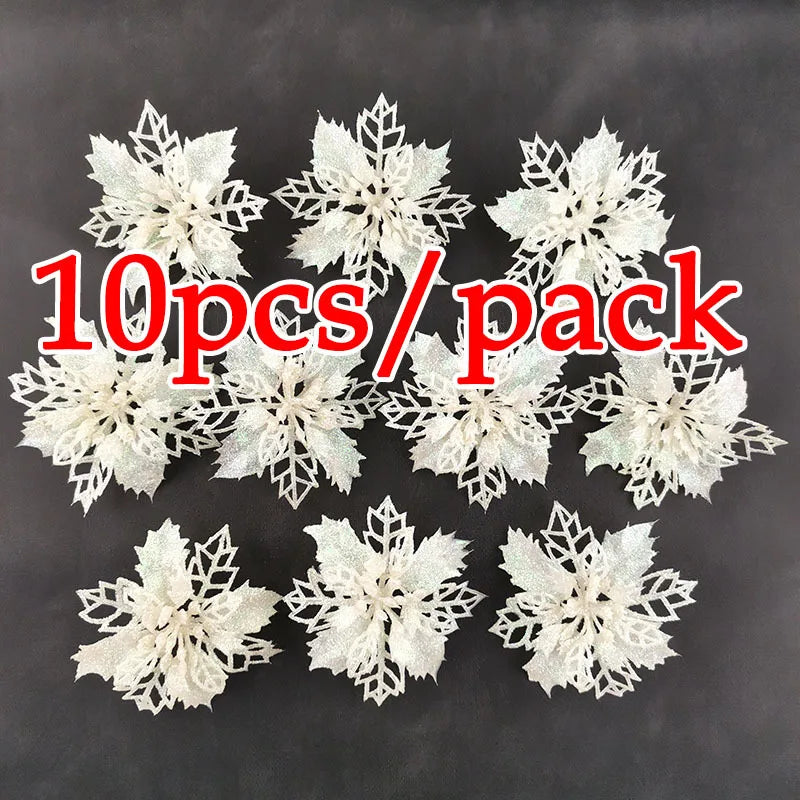 Artificial Christmas Tree Glitter Flowers - 10pcs Xmas Ornaments - ZOOMNSTORE