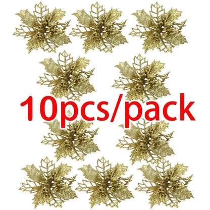 Artificial Christmas Tree Glitter Flowers - 10pcs Xmas Ornaments - ZOOMNSTORE