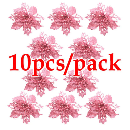 Artificial Christmas Tree Glitter Flowers - 10pcs Xmas Ornaments - ZOOMNSTORE
