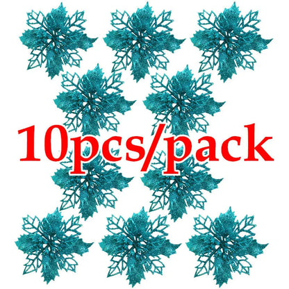 Artificial Christmas Tree Glitter Flowers - 10pcs Xmas Ornaments - ZOOMNSTORE