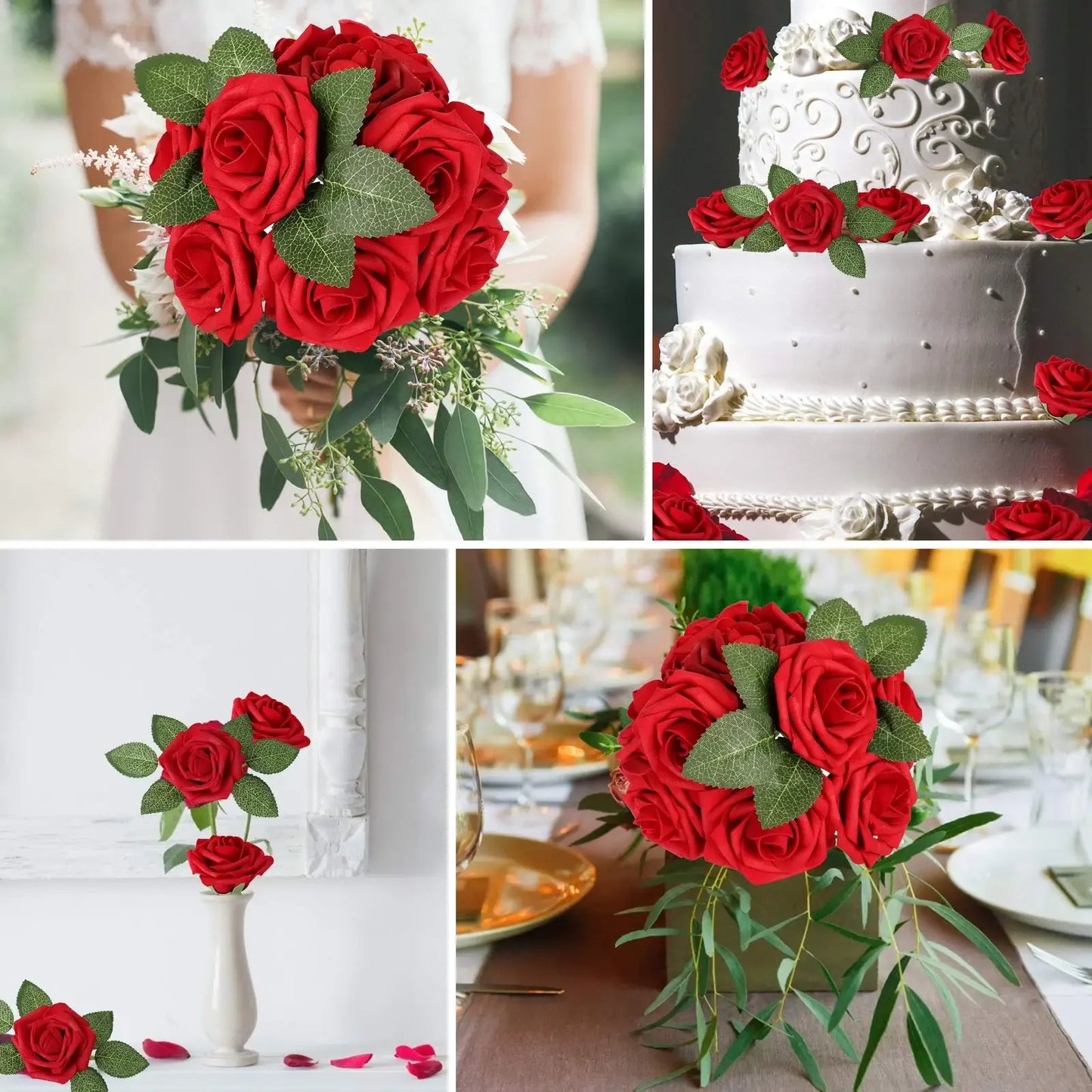 Artificial Red Roses - Realistic Fake Flowers with Stem for DIY Wedding Bouquets and Home Decor - ZOOMNSTORE