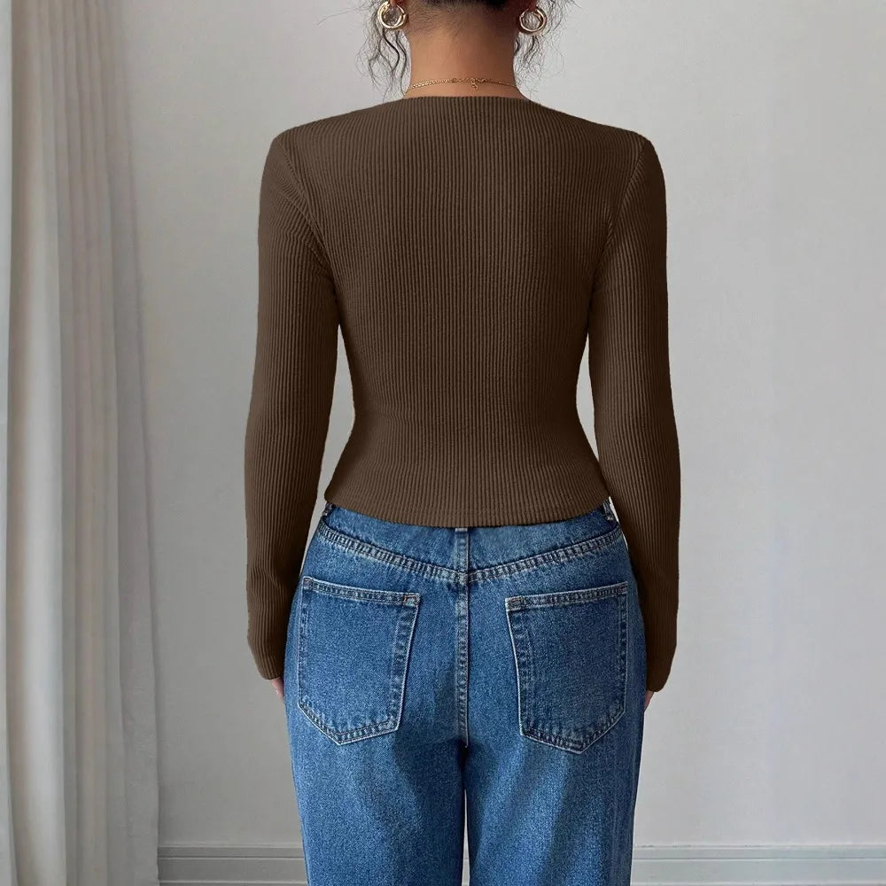 Asymmetrical Pleated Top – Women's Fall Tops | Y2K Fashion Long Sleeve Knitwear - ZOOMNSTORE