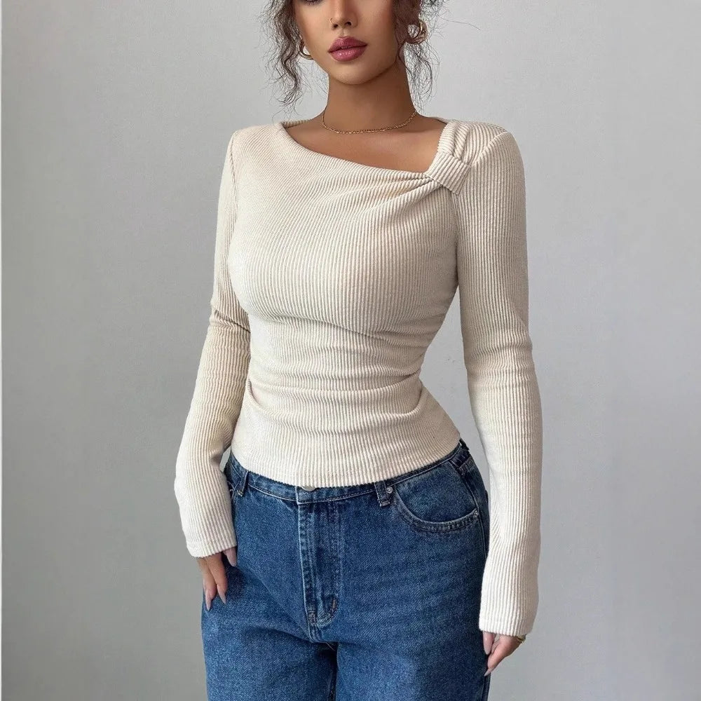 Asymmetrical Pleated Top – Women's Fall Tops | Y2K Fashion Long Sleeve Knitwear - ZOOMNSTORE