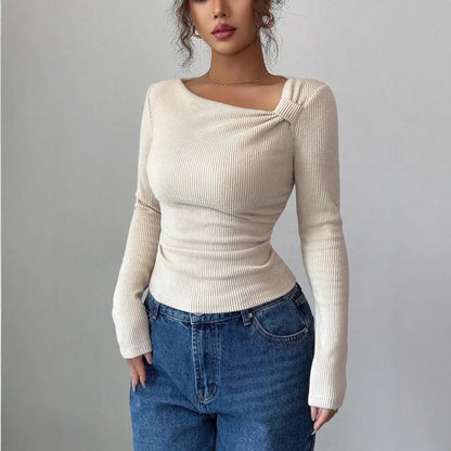 Asymmetrical Pleated Top – Women's Fall Tops | Y2K Fashion Long Sleeve Knitwear - ZOOMNSTORE