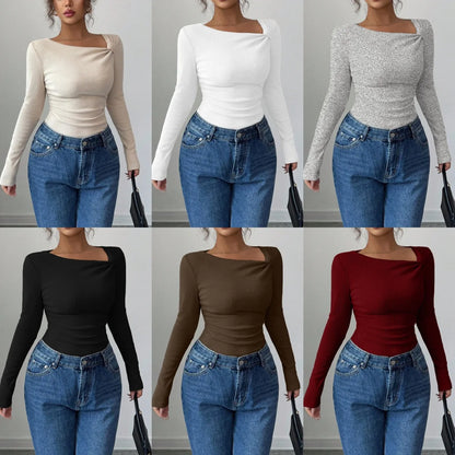 Asymmetrical Pleated Top – Women's Fall Tops | Y2K Fashion Long Sleeve Knitwear - ZOOMNSTORE