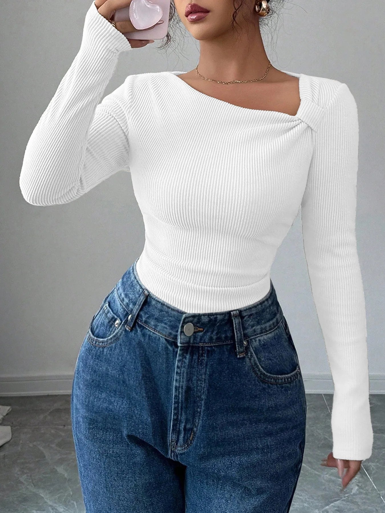 Asymmetrical Pleated Top – Women's Fall Tops | Y2K Fashion Long Sleeve Knitwear - ZOOMNSTORE