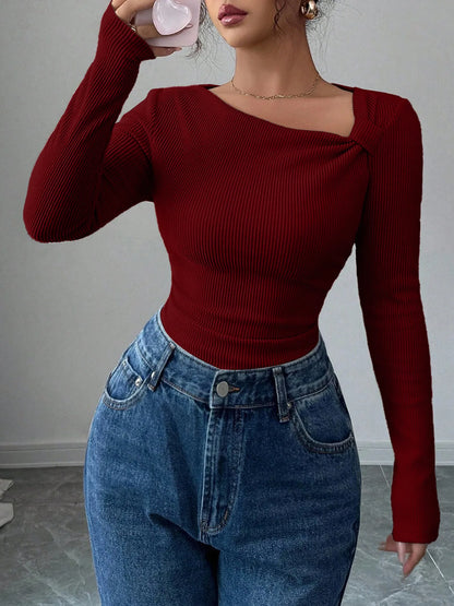 Asymmetrical Pleated Top – Women's Fall Tops | Y2K Fashion Long Sleeve Knitwear - ZOOMNSTORE