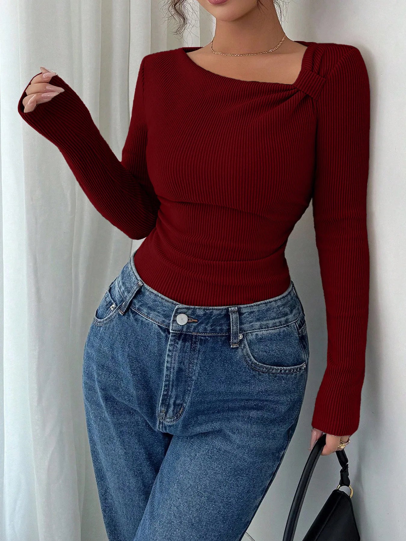 Asymmetrical Pleated Top – Women's Fall Tops | Y2K Fashion Long Sleeve Knitwear - ZOOMNSTORE