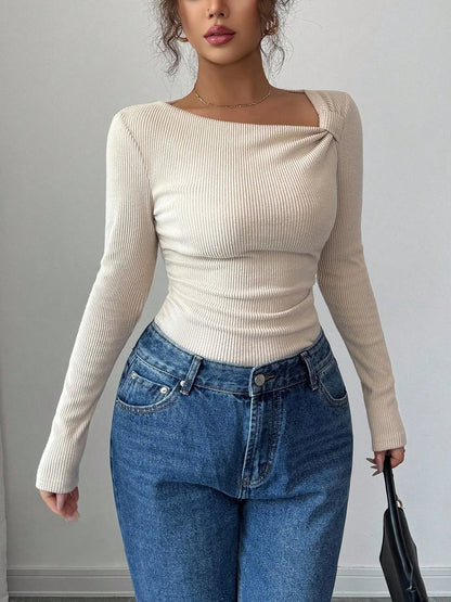 Asymmetrical Pleated Top – Women's Fall Tops | Y2K Fashion Long Sleeve Knitwear - ZOOMNSTORE