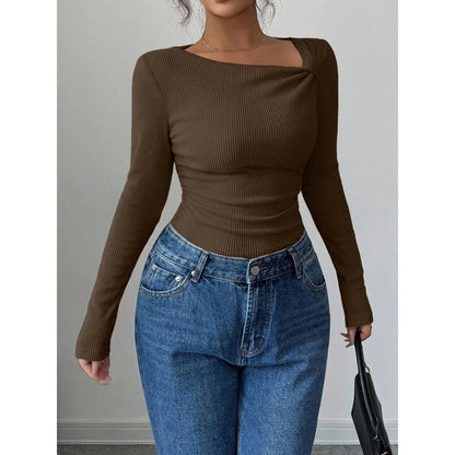 Asymmetrical Pleated Top – Women's Fall Tops | Y2K Fashion Long Sleeve Knitwear - ZOOMNSTORE