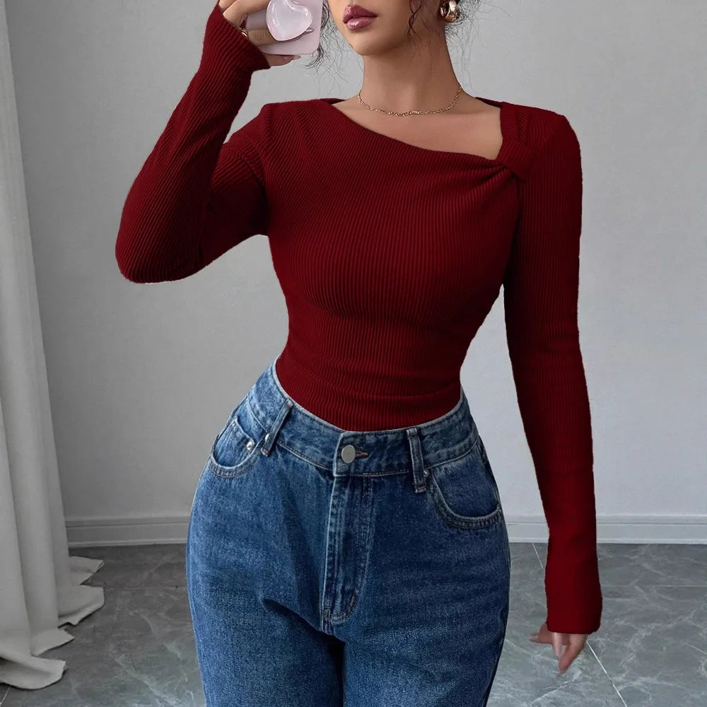 Asymmetrical Pleated Top – Women's Fall Tops | Y2K Fashion Long Sleeve Knitwear - ZOOMNSTORE