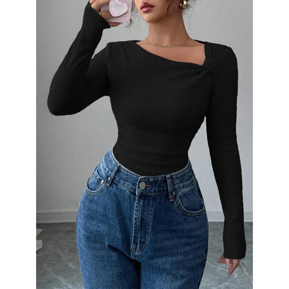 Asymmetrical Pleated Top – Women's Fall Tops | Y2K Fashion Long Sleeve Knitwear - ZOOMNSTORE