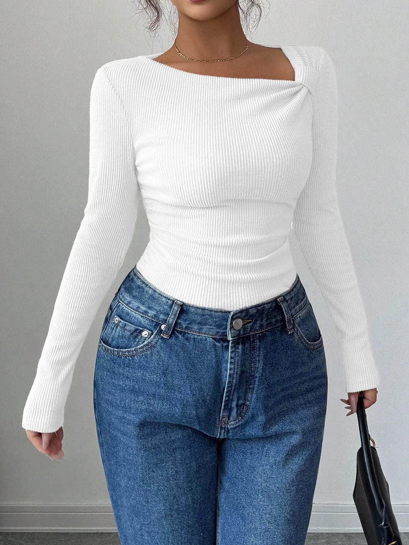 Asymmetrical Pleated Top – Women's Fall Tops | Y2K Fashion Long Sleeve Knitwear - ZOOMNSTORE