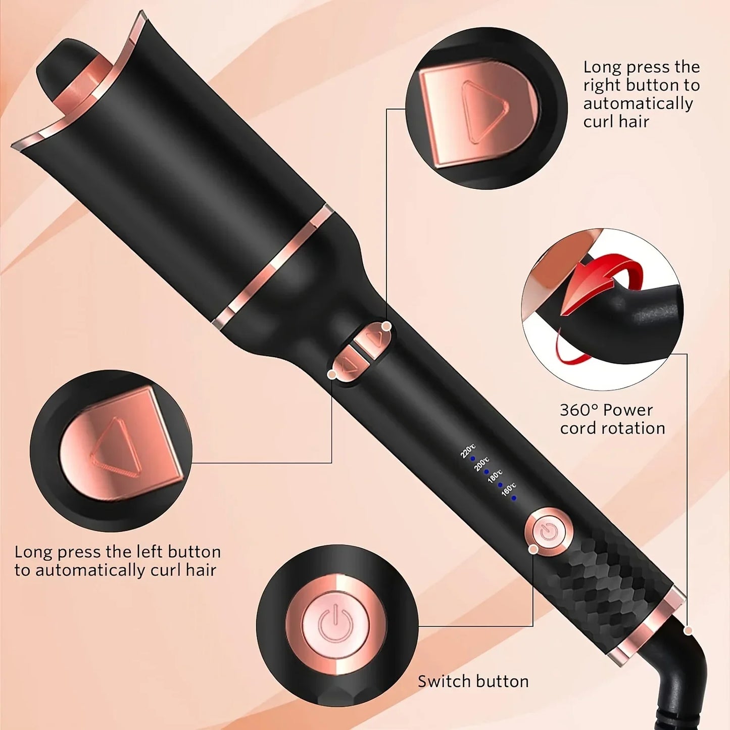 Auto Rotating Curling Iron – Ceramic Hair Styler With 360° Swivel Cord & Digital Temperature - ZOOMNSTORE