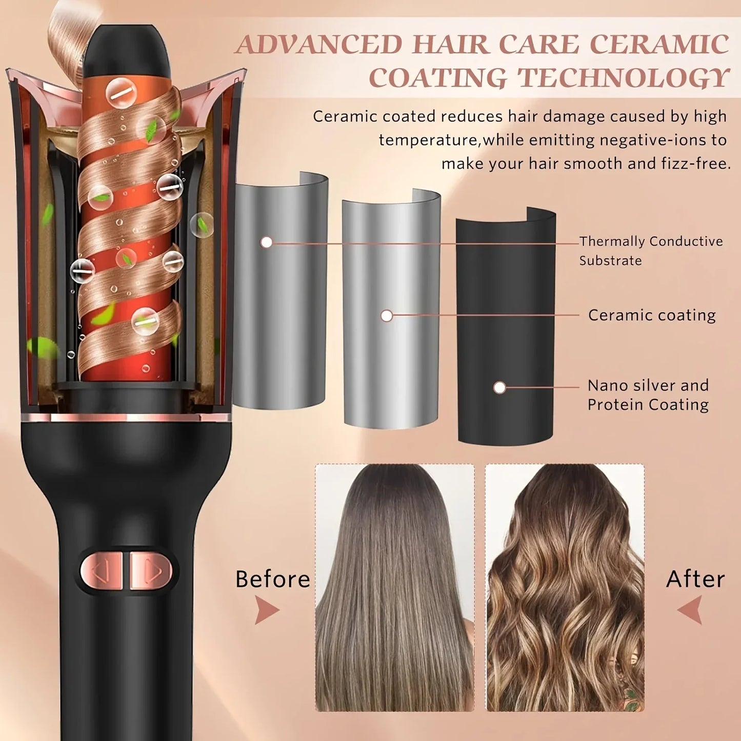 Auto Rotating Curling Iron – Ceramic Hair Styler With 360° Swivel Cord & Digital Temperature - ZOOMNSTORE