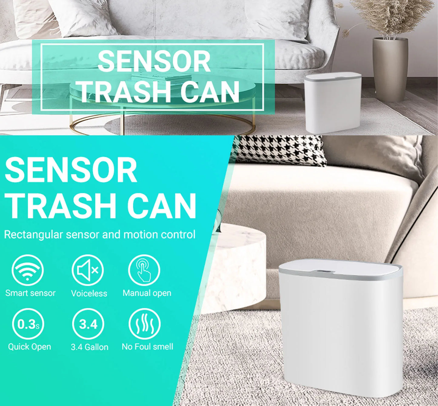 Touchless Motion Sensor Trash Can - Automatic Waterproof Slim Garbage Bin for Bathroom and Kitchen - ZOOMNSTORE