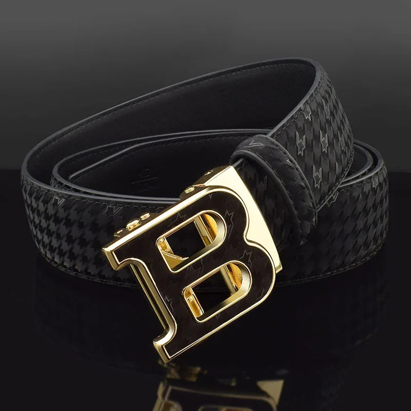 Automatic Buckle Belt - Genuine Leather Men’s Fashion Waist Strap With Golden B Buckle - ZOOMNSTORE