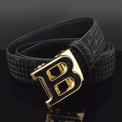 Automatic Buckle Belt - Genuine Leather Men’s Fashion Waist Strap With Golden B Buckle - ZOOMNSTORE