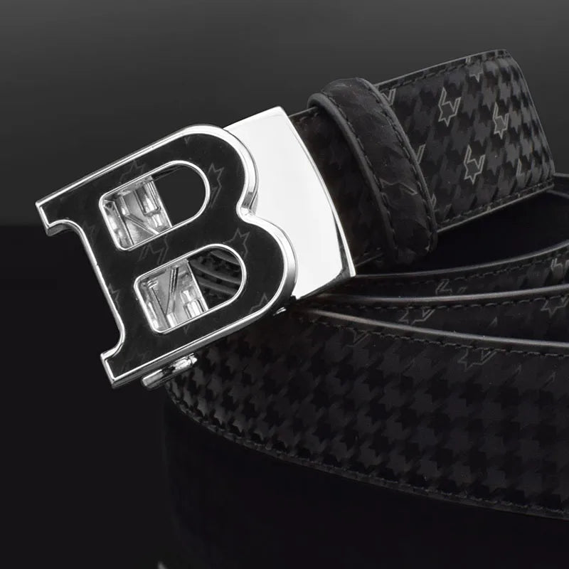 Automatic Buckle Belt - Genuine Leather Men’s Fashion Waist Strap With Golden B Buckle - ZOOMNSTORE