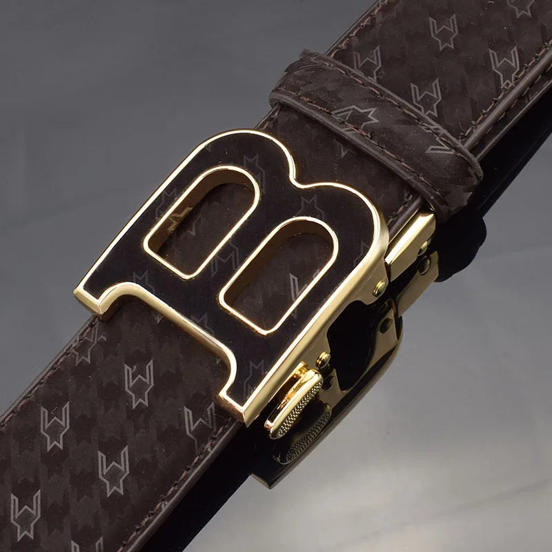 Automatic Buckle Belt - Genuine Leather Men’s Fashion Waist Strap With Golden B Buckle - ZOOMNSTORE