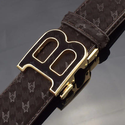 Automatic Buckle Belt - Genuine Leather Men’s Fashion Waist Strap With Golden B Buckle - ZOOMNSTORE