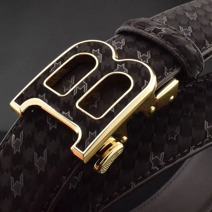 Automatic Buckle Belt - Genuine Leather Men’s Fashion Waist Strap With Golden B Buckle - ZOOMNSTORE
