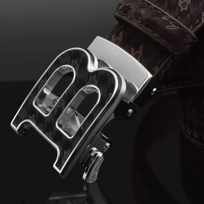 Automatic Buckle Belt - Genuine Leather Men’s Fashion Waist Strap With Golden B Buckle - ZOOMNSTORE