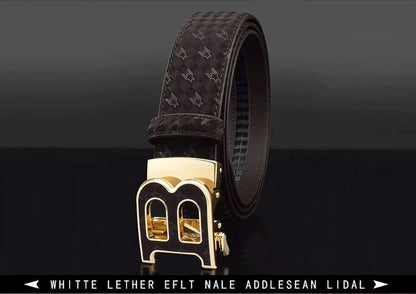Automatic Buckle Belt - Genuine Leather Men’s Fashion Waist Strap With Golden B Buckle - ZOOMNSTORE