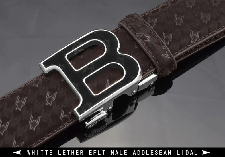 Automatic Buckle Belt - Genuine Leather Men’s Fashion Waist Strap With Golden B Buckle - ZOOMNSTORE