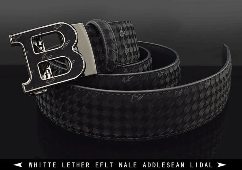 Automatic Buckle Belt - Genuine Leather Men’s Fashion Waist Strap With Golden B Buckle - ZOOMNSTORE