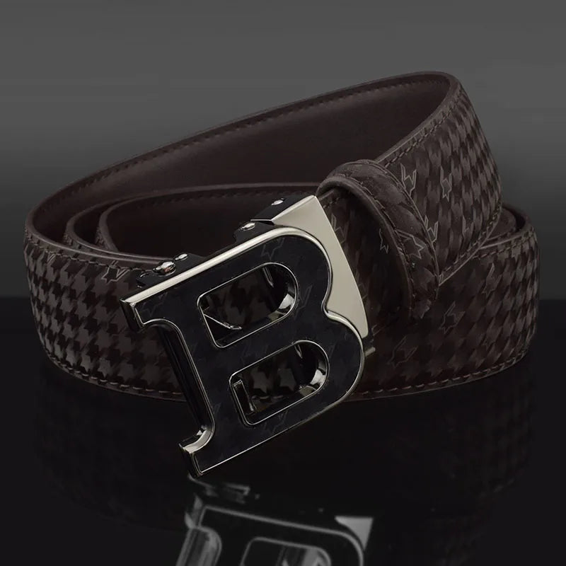 Automatic Buckle Belt - Genuine Leather Men’s Fashion Waist Strap With Golden B Buckle - ZOOMNSTORE