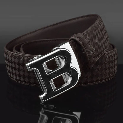 Automatic Buckle Belt - Genuine Leather Men’s Fashion Waist Strap With Golden B Buckle - ZOOMNSTORE