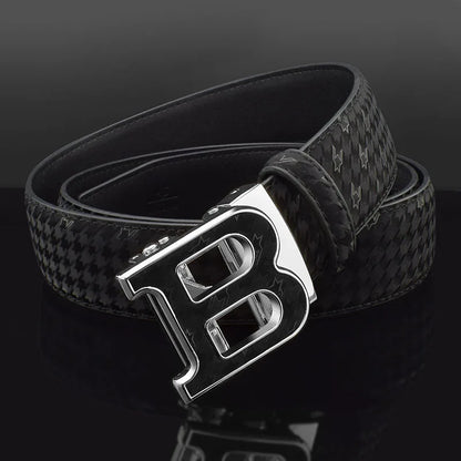 Automatic Buckle Belt - Genuine Leather Men’s Fashion Waist Strap With Golden B Buckle - ZOOMNSTORE